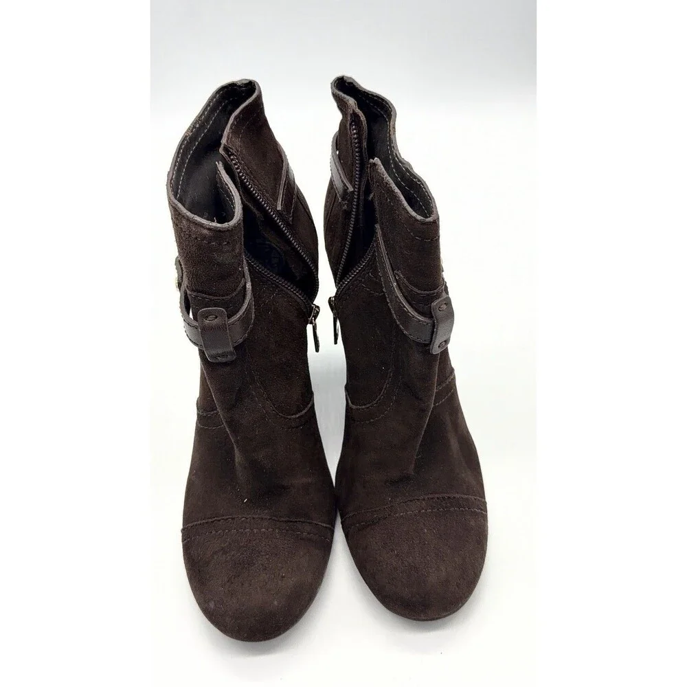 TORY BURCH Aaden brown suede gold logo detail wedge heel ankle boots size 7M